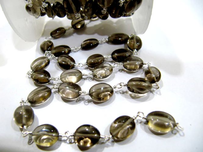 Smoky Quartz Oval Plain Smooth Beaded Rosary Chain Semi Precious Beads