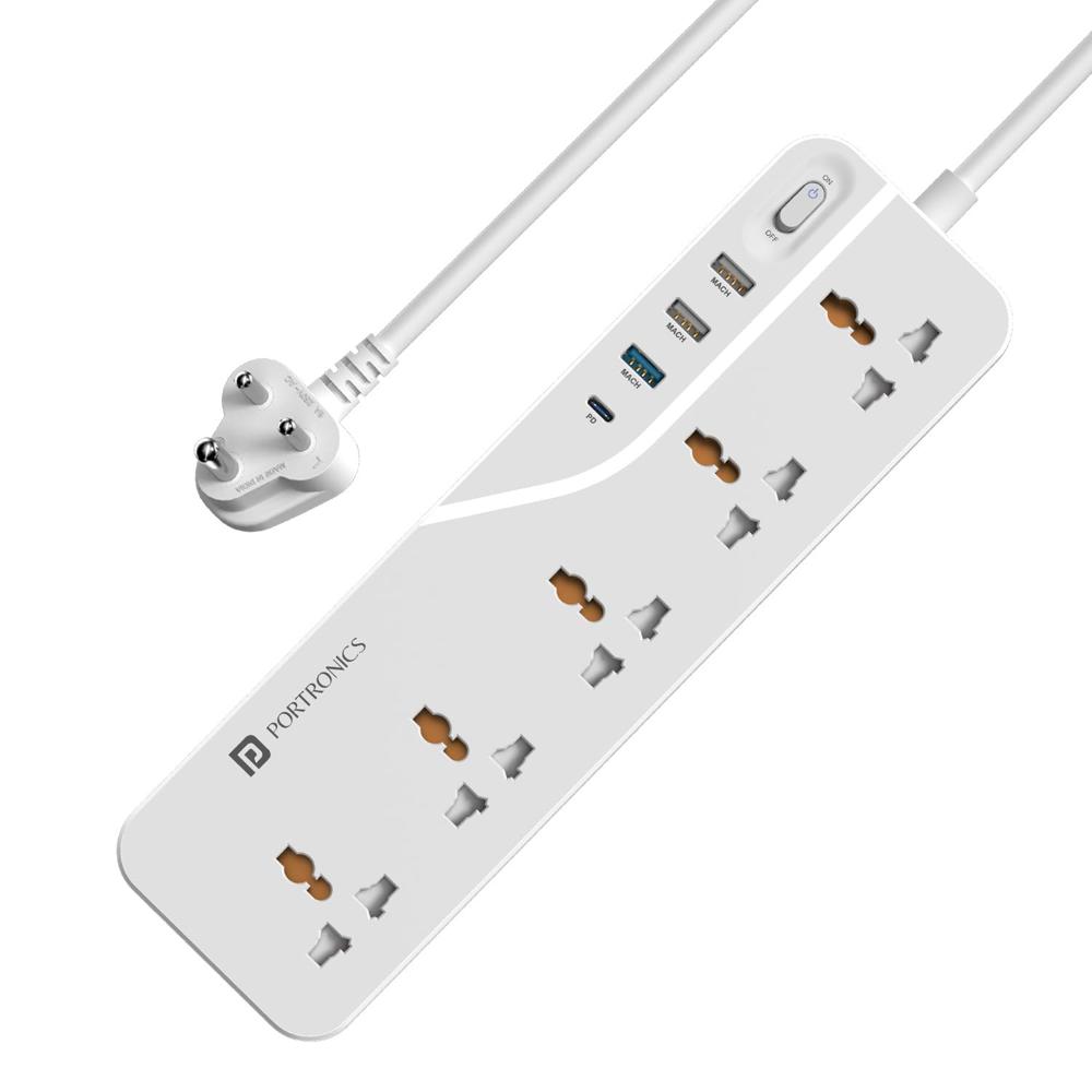 Portronics Power Plate 22 Extension Board with 20W Type-C PD Charging, 5 Universal Sockets,