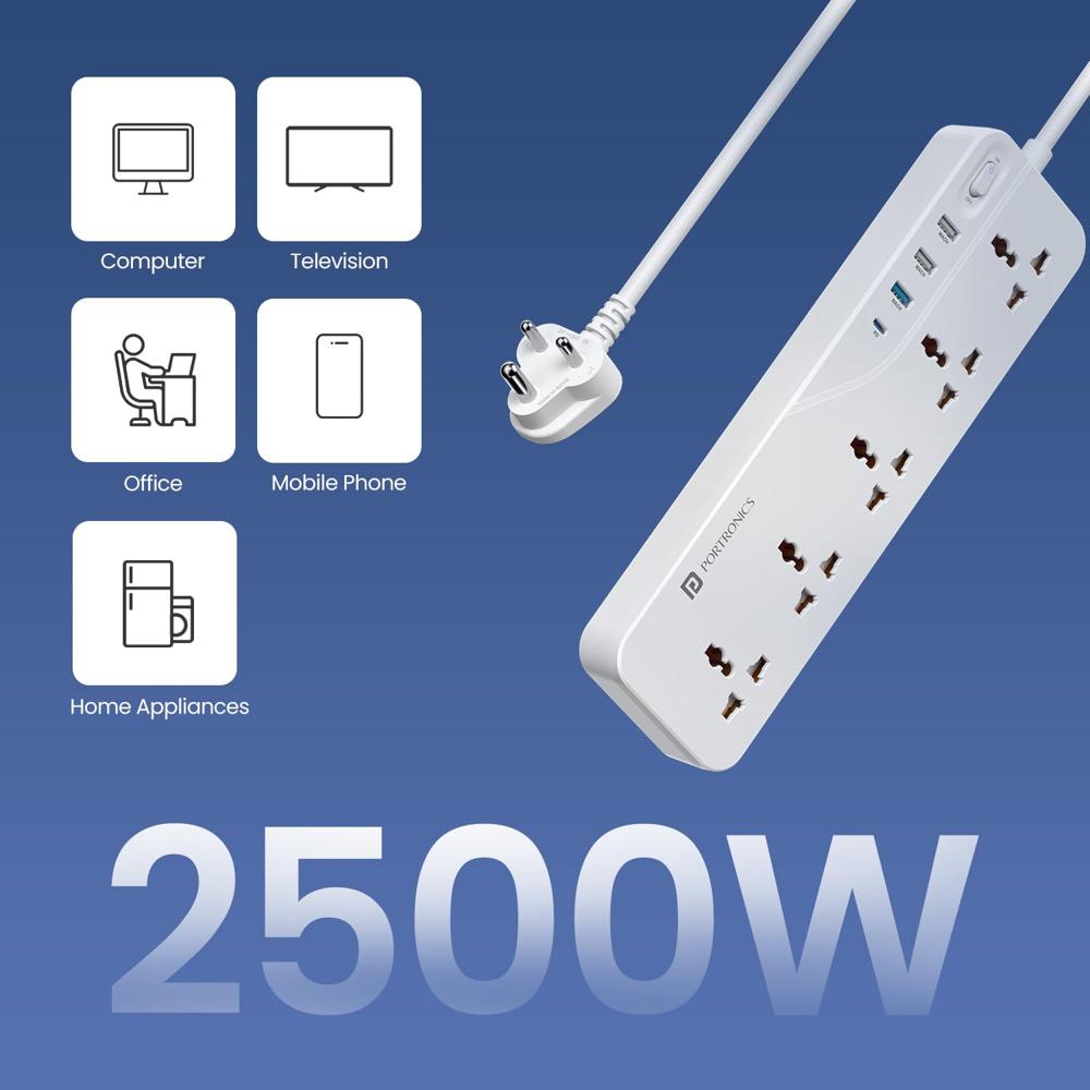 Portronics Power Plate 22 Extension Board with 20W Type-C PD Charging, 5 Universal Sockets,