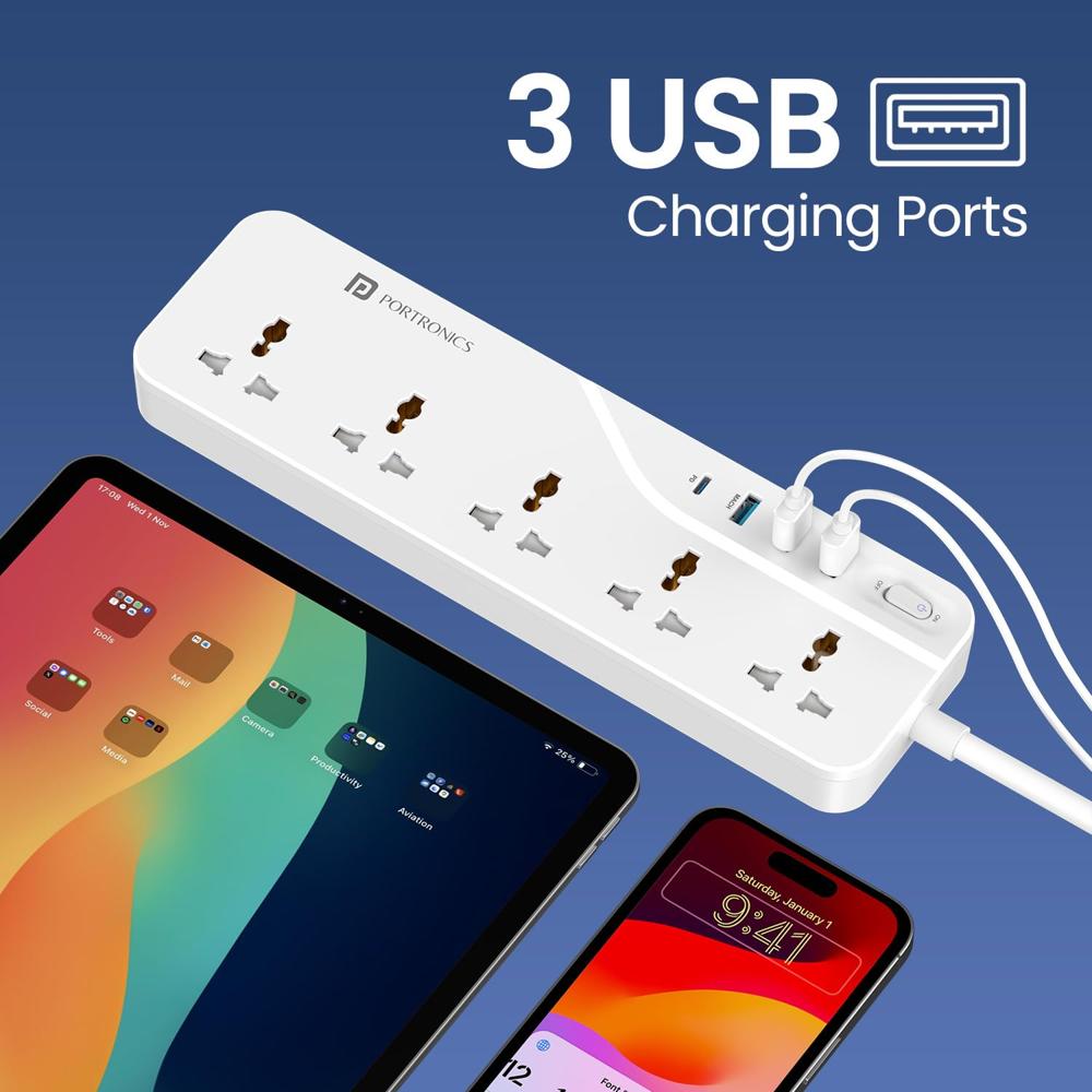 Portronics Power Plate 22 Extension Board with 20W Type-C PD Charging, 5 Universal Sockets,