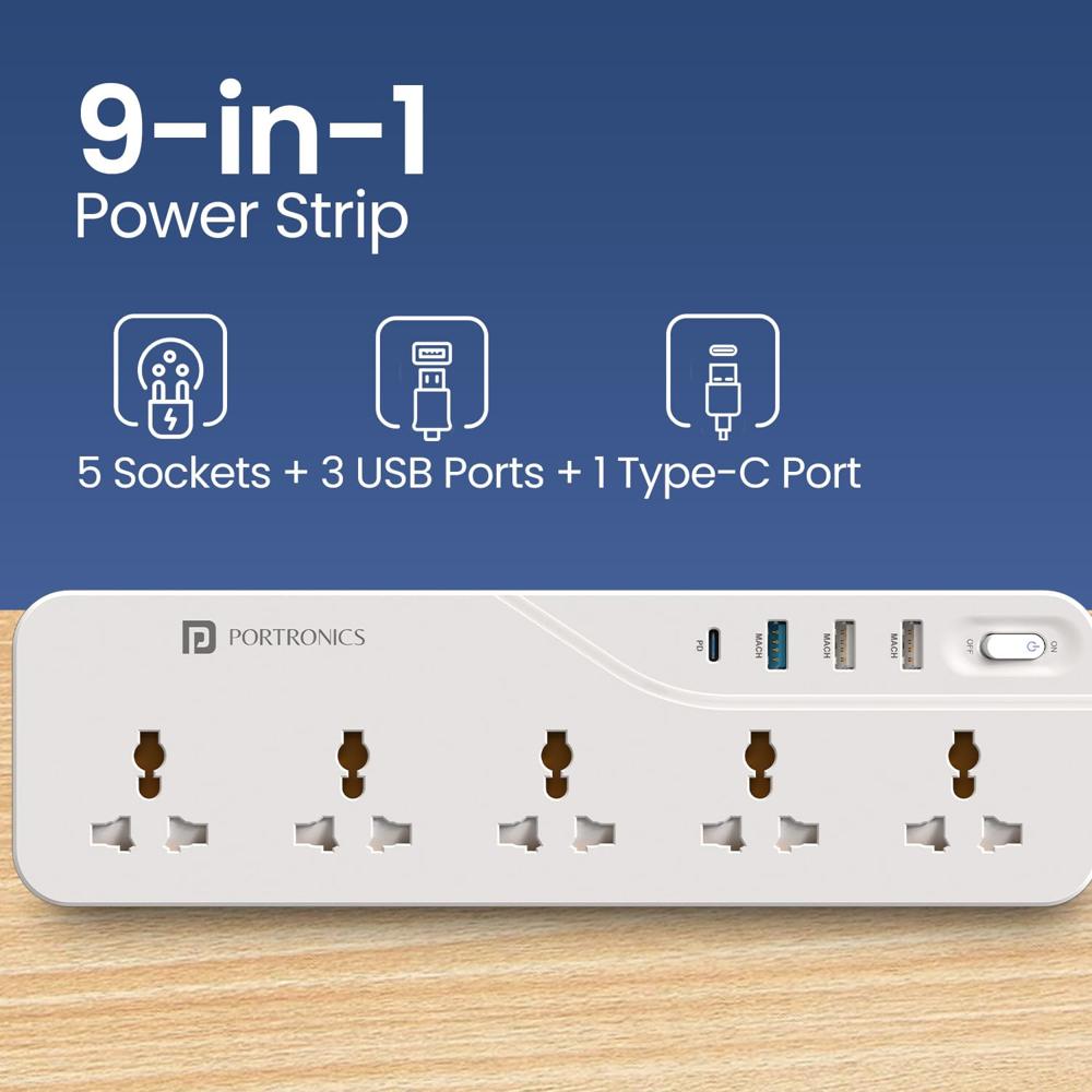 Portronics Power Plate 22 Extension Board with 20W Type-C PD Charging, 5 Universal Sockets,