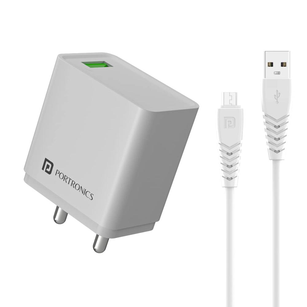 Portronics Adapto One M,18w 3a Fast Charging Adaptor,comes With 1m Micro Usb Cable Single Port - Color: White & Black