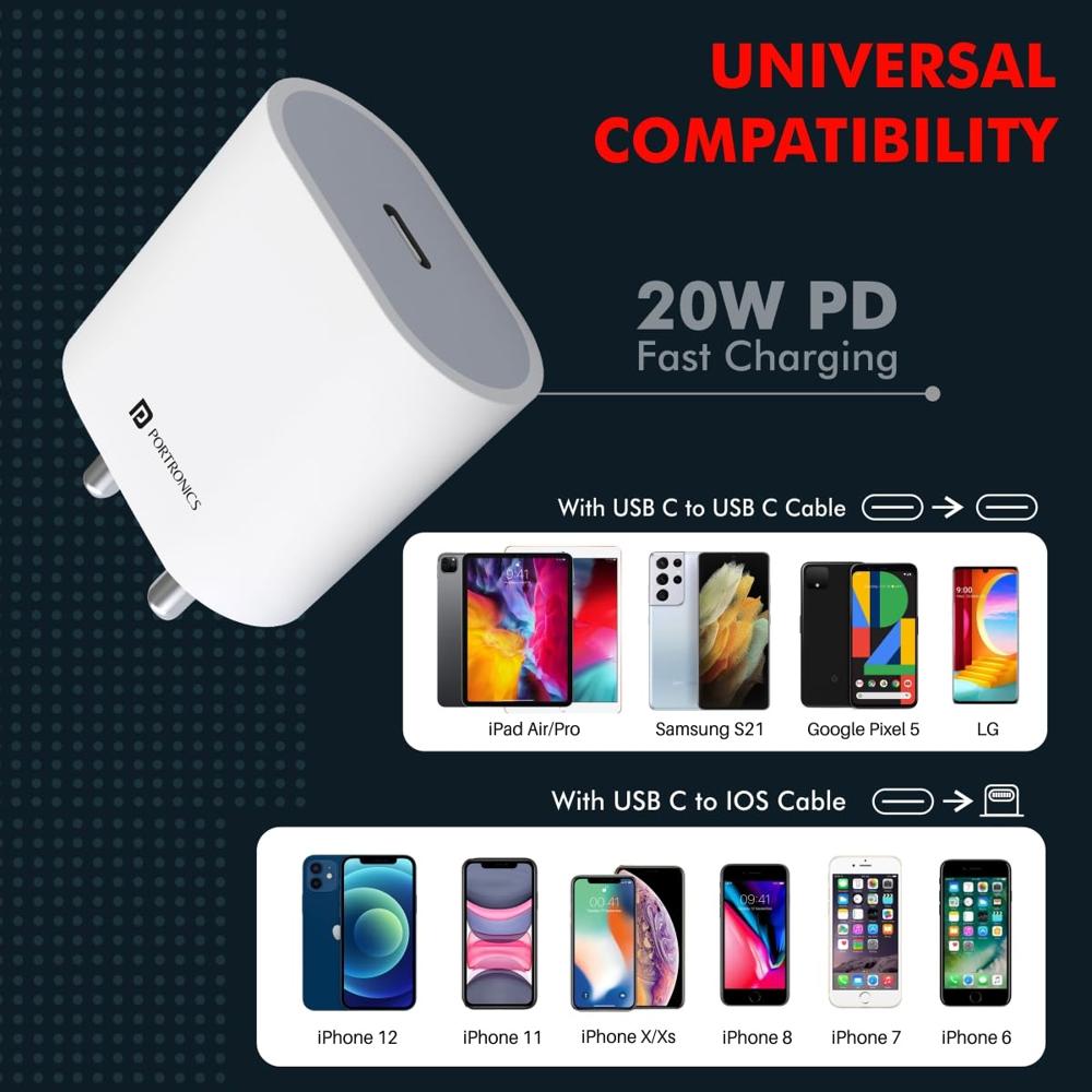 Portronics Adapto 20 Type C 20W Fast PD/Type C Adapter Charger with Fast Charging for iPhone