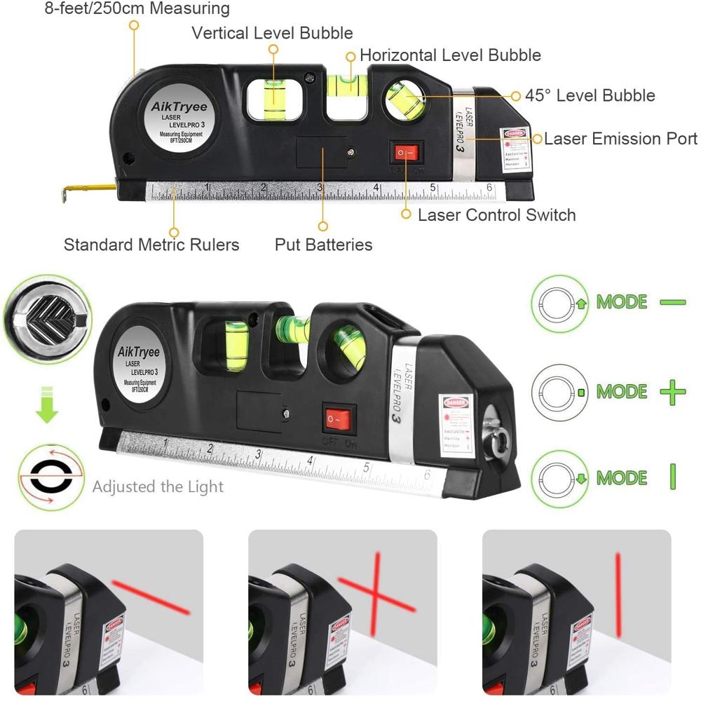 True Sense Level Laser Horizon Vertical Measure Tape Aligner Bubbles Ruler Multifunction Tool, LL-07