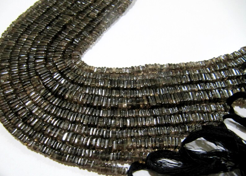 Natural Smoky Quartz Heishi Cut Square Shape Beads 4mm Gemstone Beads Strand 8 inch Long