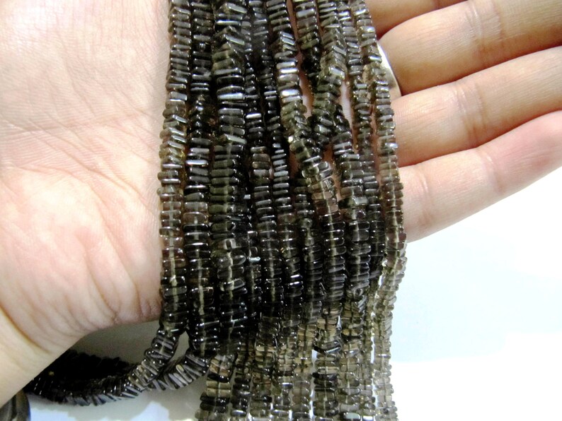 Natural Smoky Quartz Heishi Cut Square Shape Beads 4mm Gemstone Beads Strand 8 inch Long