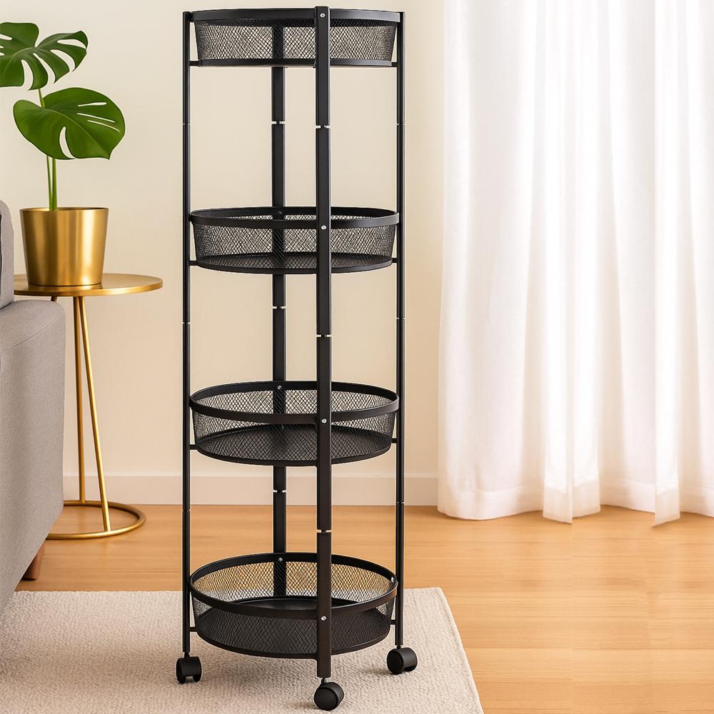 4-Layer Round Metal Folding Storage Trolley (1 Pc) - Color: Black