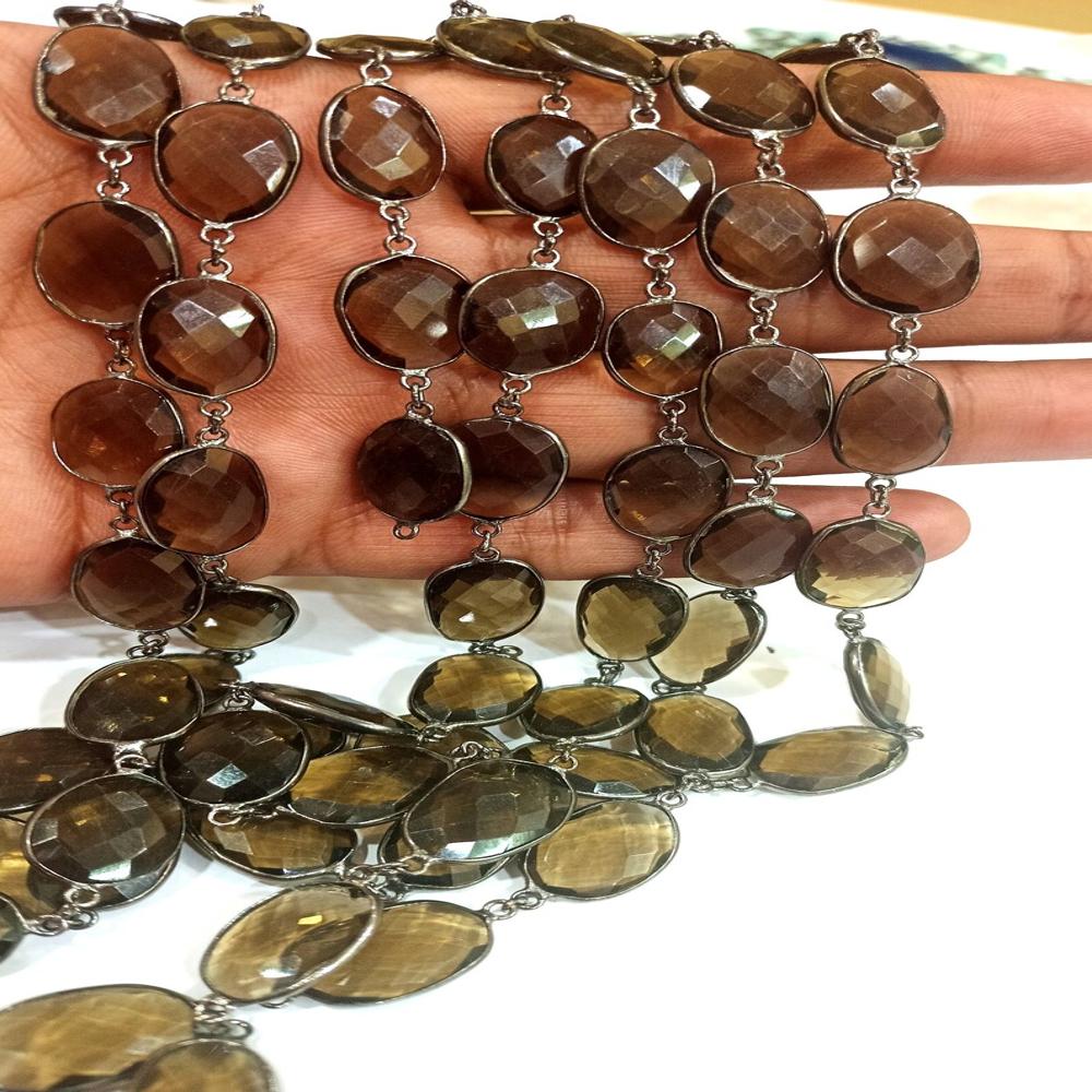 Natural Smoky Quartz Free Shape Briolette Faceted Bezal Connector Chain 12 to 15mm