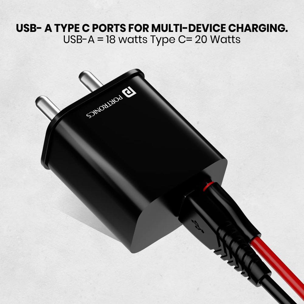 Portronics 20W Adapto 20B Dual Port (Type C PD & USB-A) Fast