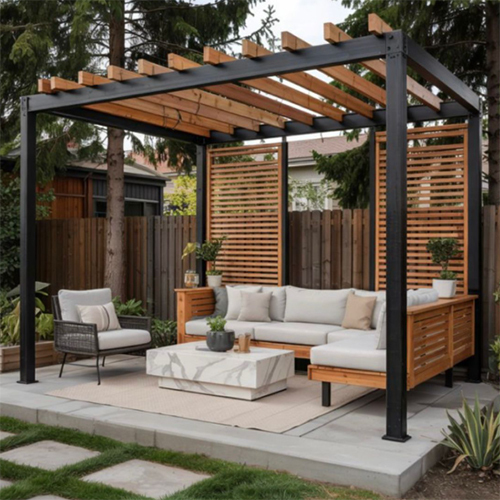 Patio Lounge Area - Wicker/Rattan With Metal Frame, 4-6 Seater, Natural Brown And Beige, Weather-Resistant Synthetic Wicker, Modular Design, Storage Tables