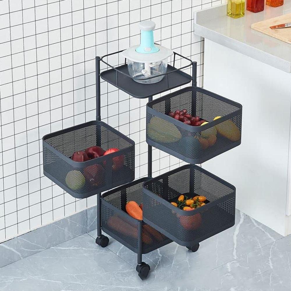 Metal High Quality Kitchen Trolley Kitchen Organizer Items And Kitchen Accessories Items For Kitchen Rack Square Design For Fruits & Vegetable Onion Storage Kitchen Trolley With Wheels (4 Layer) - Color: Black