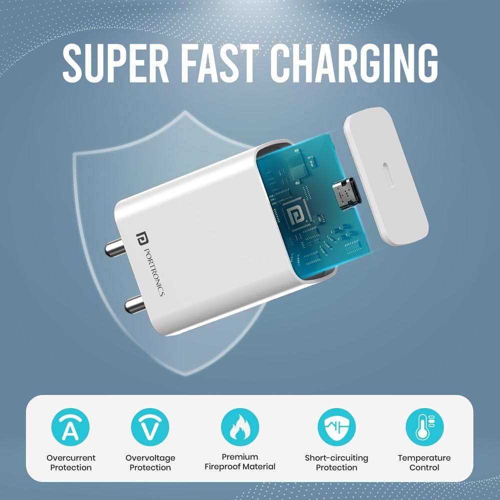 Portronics Adapto 25 Pro 25W Fast Charging Type C Adapter with Type C Charging Cable,PPS