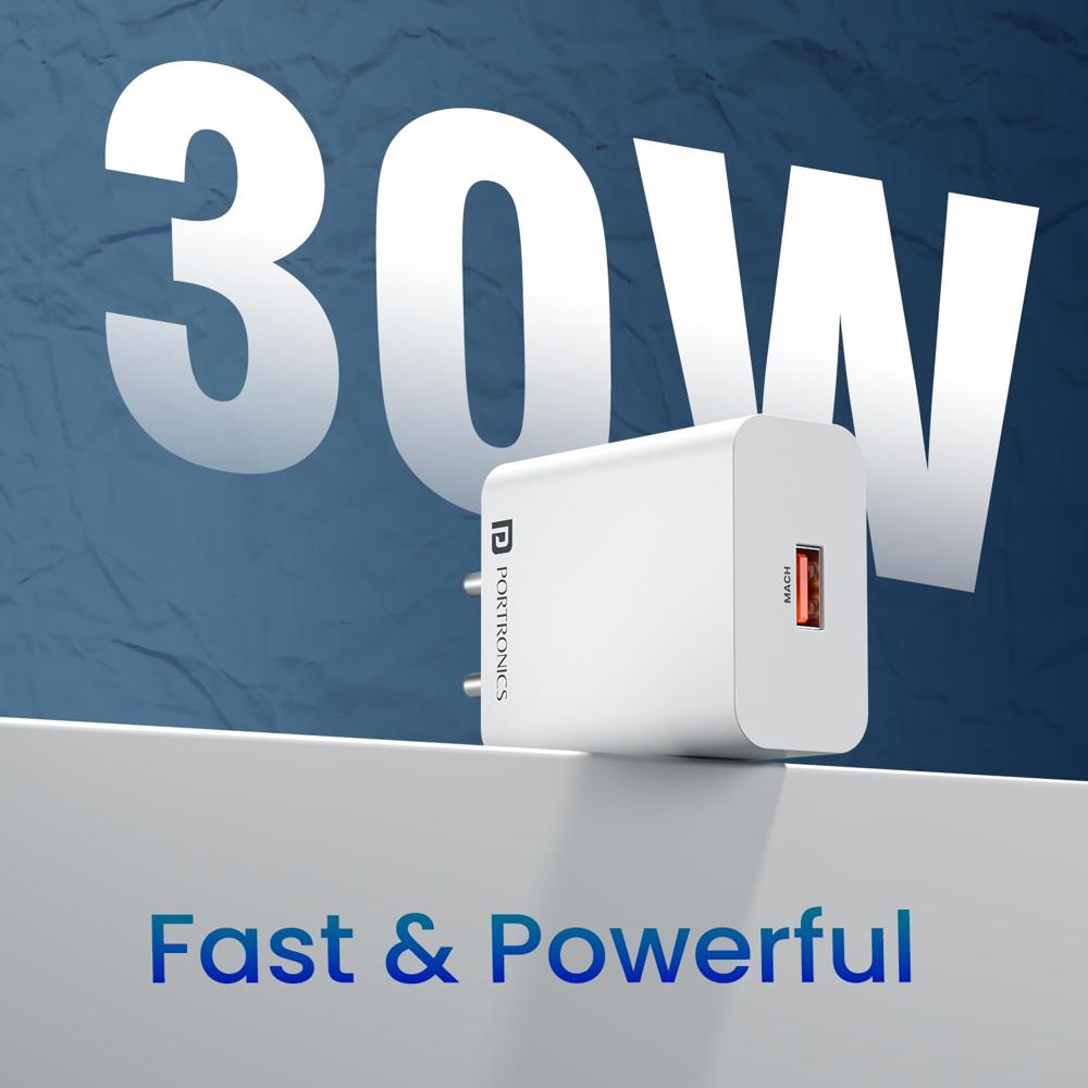 Portronics 30W Adapto 30V USB-A Fast Charging Adaptor with 6A Cable,Fast Charging Protocols Like