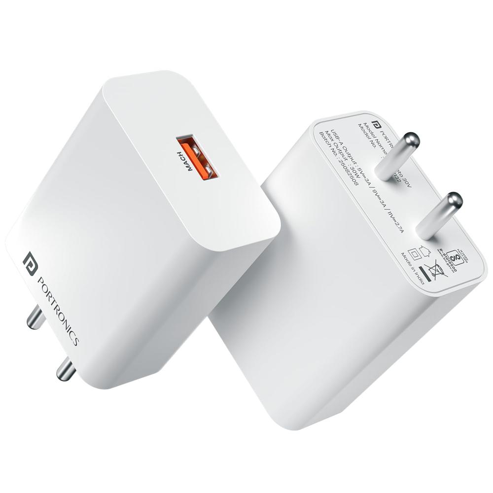 Portronics 30W Adapto 30V USB-A Fast Charging Adaptor with 6A Cable,Fast Charging Protocols Like