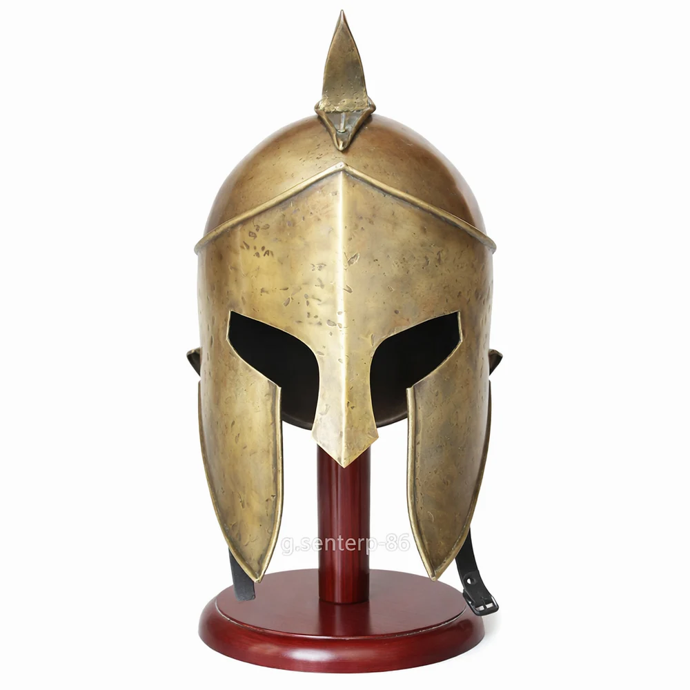 Antique Brass Spartan King Leonidas Helmet with Wooden Stand - 300 Movie Replica