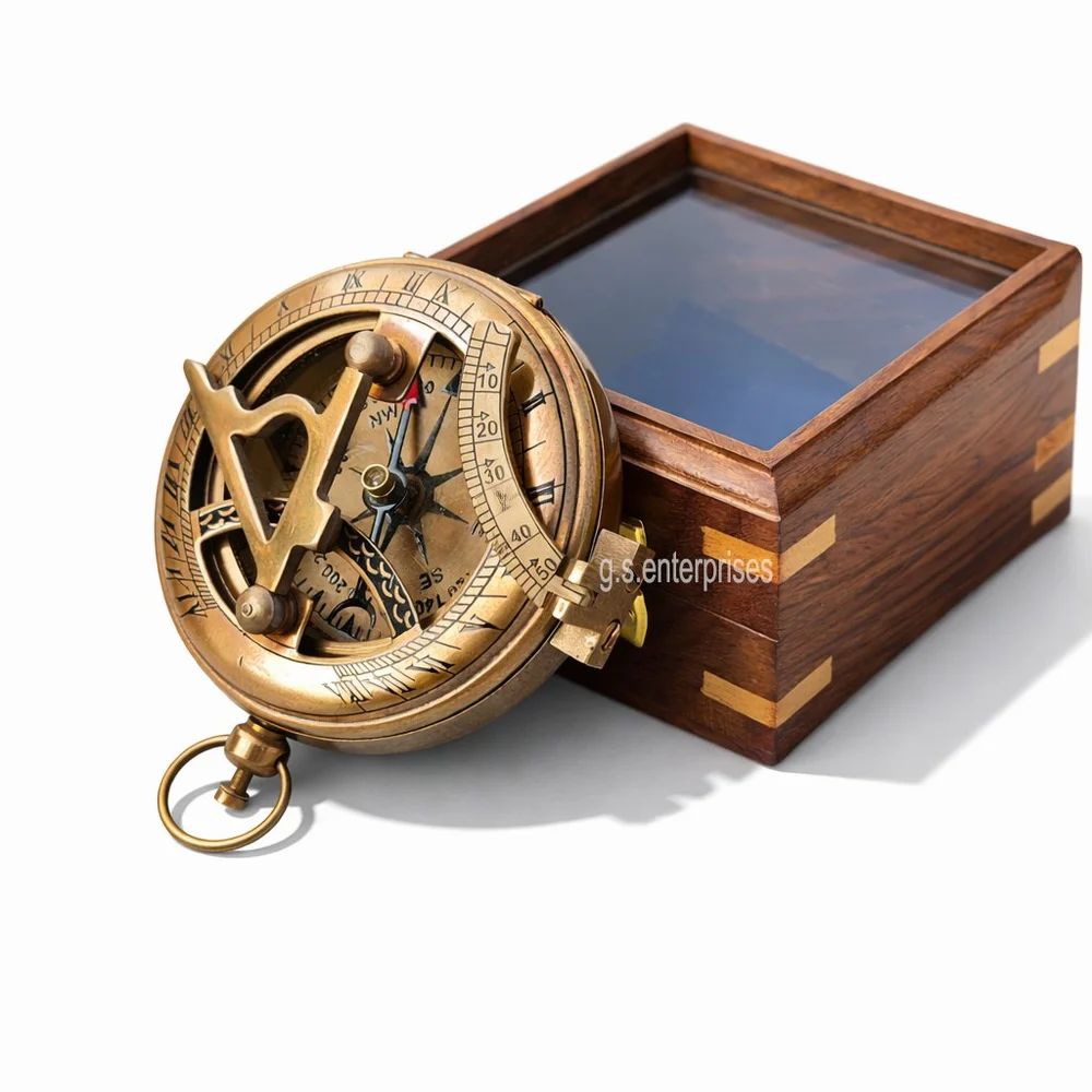 Brass Push Button Sundial Compass with Wooden Box