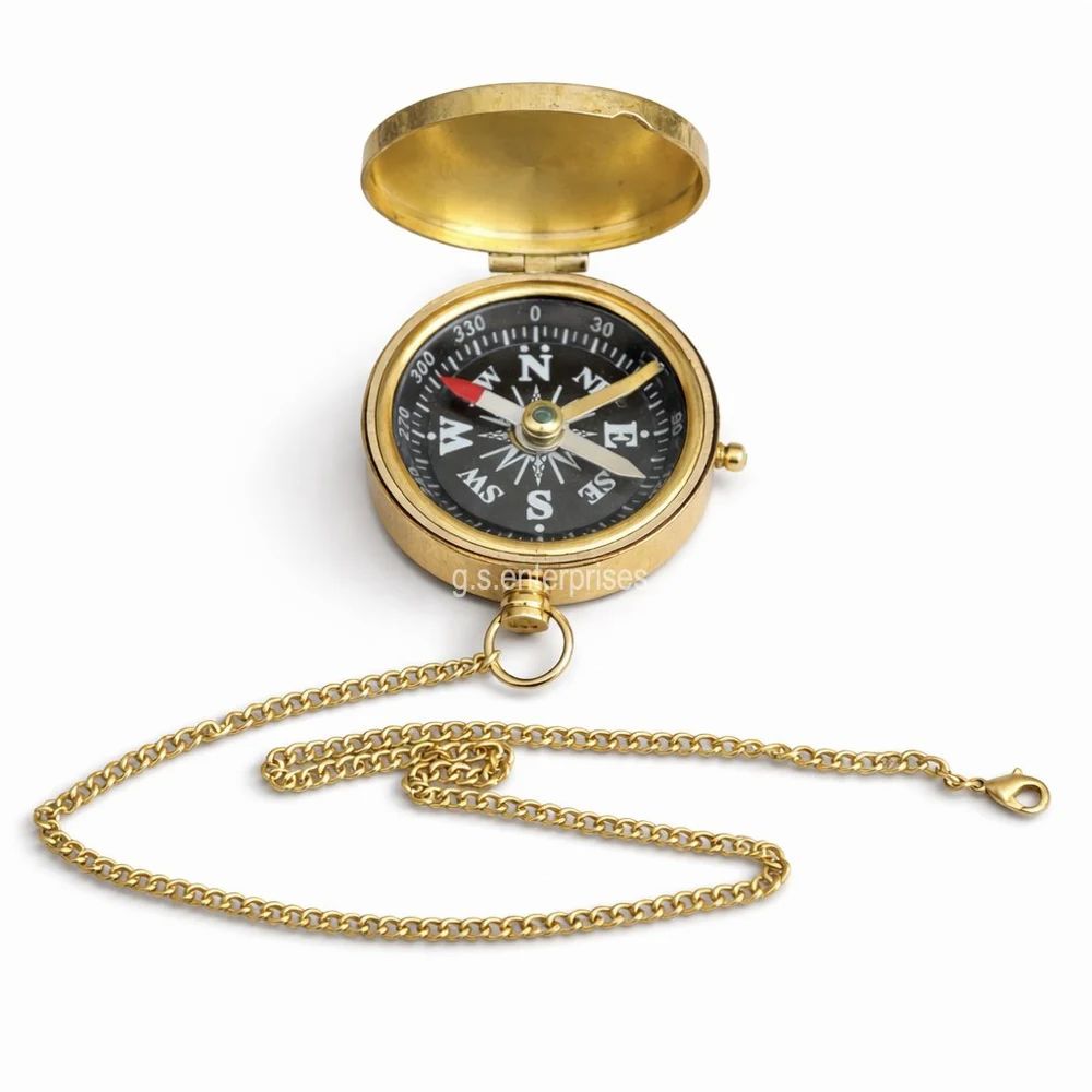 Brass 1.5 inch Compass with Brass Chain Antique Vintage Style