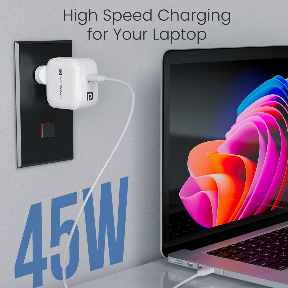 Portronics 45W Adapto 45C Type C SuperFast Charger Adaptor with Type C Cable, Best for