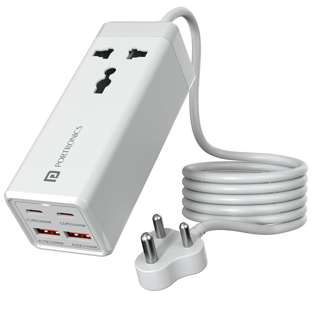 Portronics Adapto Volt 65 65w High Speed 5-in-1 Power Strip - Color: White