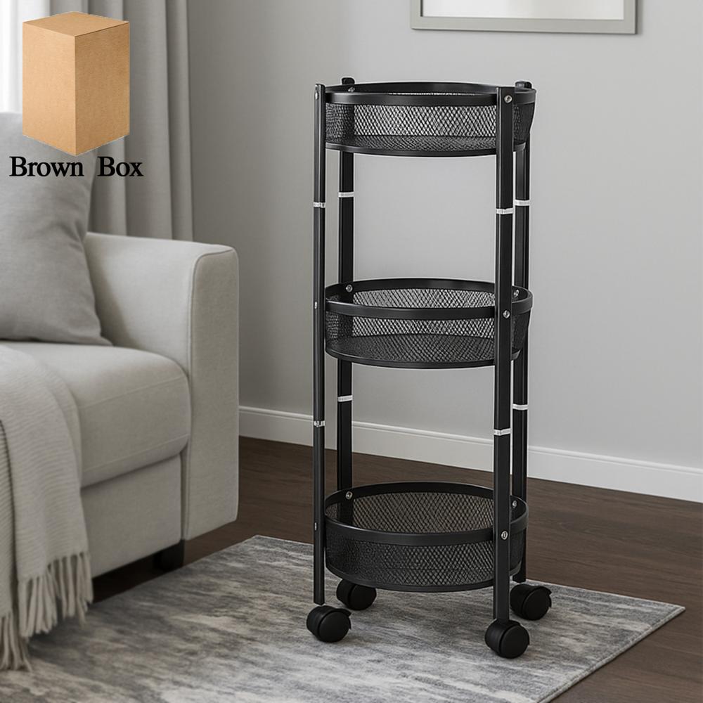 3-Layer Round Metal Mesh Utility Storage Trolley With Wheels - Color: Black