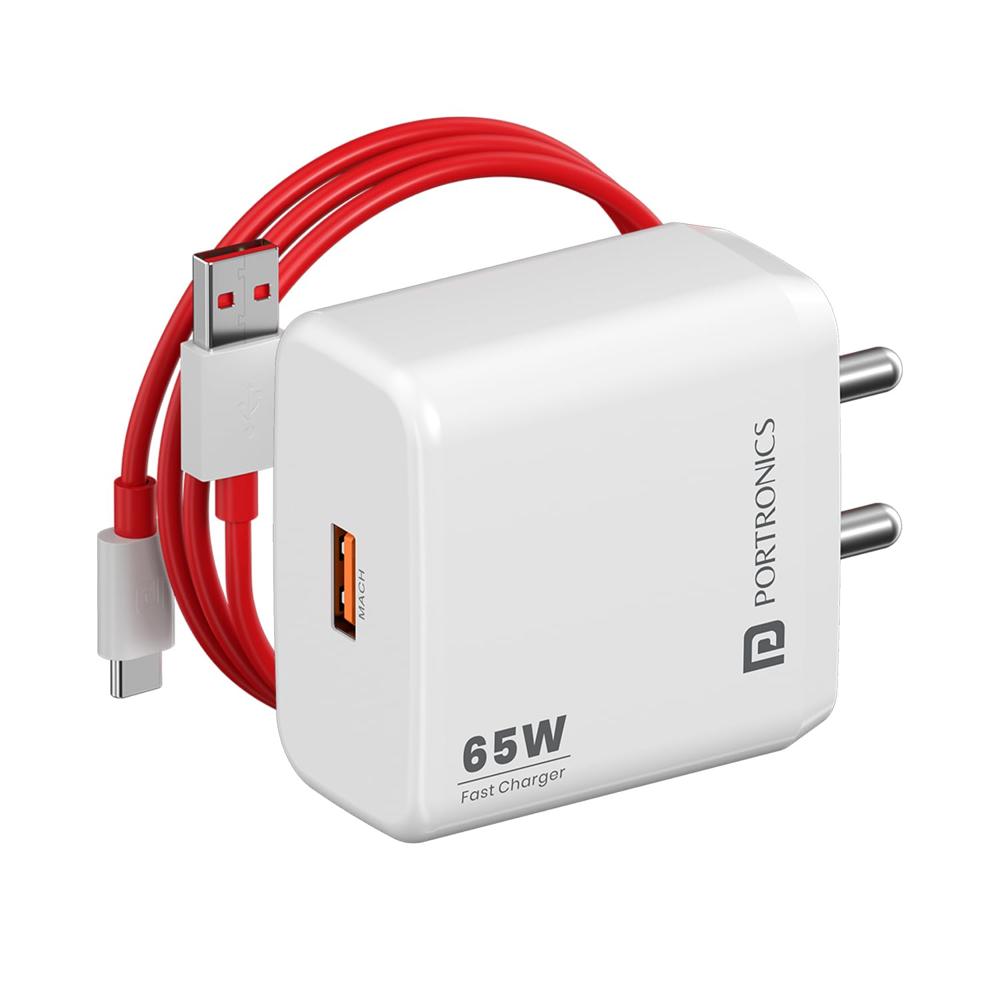 Portronics Adapto 65a 65w Fast Charger Adapter & Usb-a To Type C - Color: White
