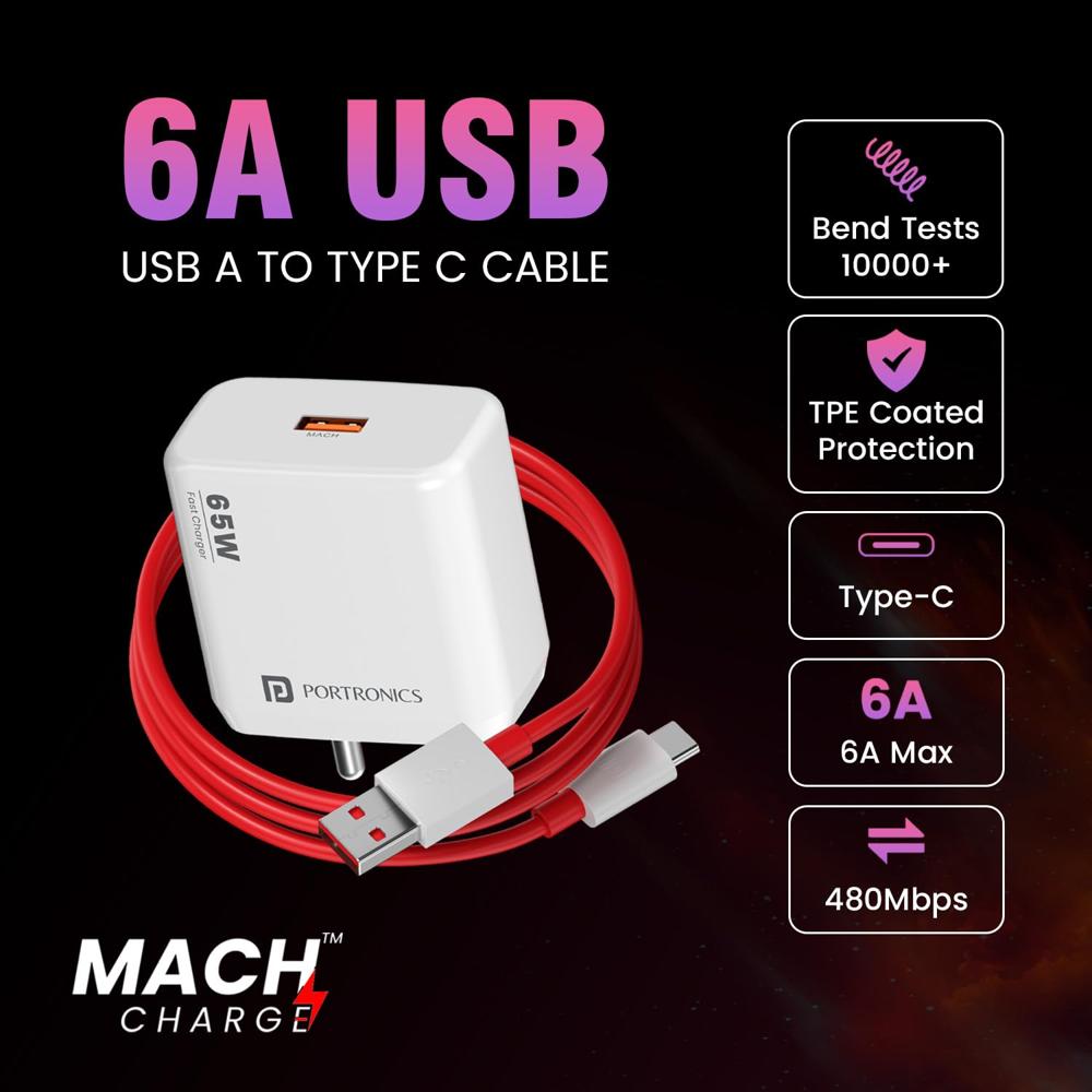 Portronics Adapto 65A 65W Fast Charger Adapter & USB-A to Type C