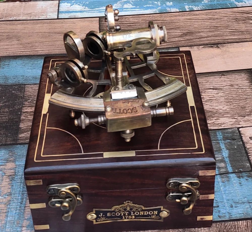 Vintage Brass Nautical Sextant German J Scott Replica with Hardwood Box
