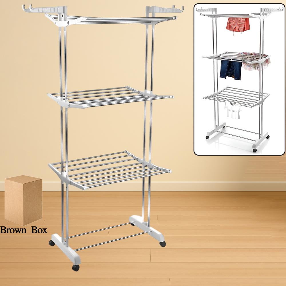 3-Tier Foldable Stainless Steel Cloth Drying Stand With Wheels - Product Type: Rack