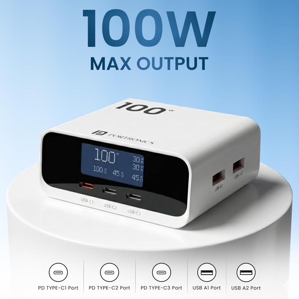 Portronics 100W Adapto 100D Fast Charging 5 Port Adaptor with