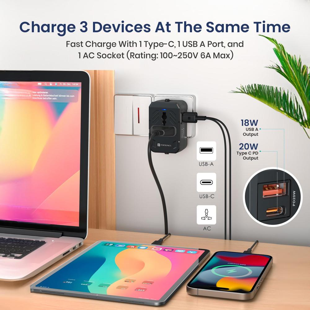 Portronics Juicemate 4 Universal Travel Adapter with 20W Type C PD & 18W