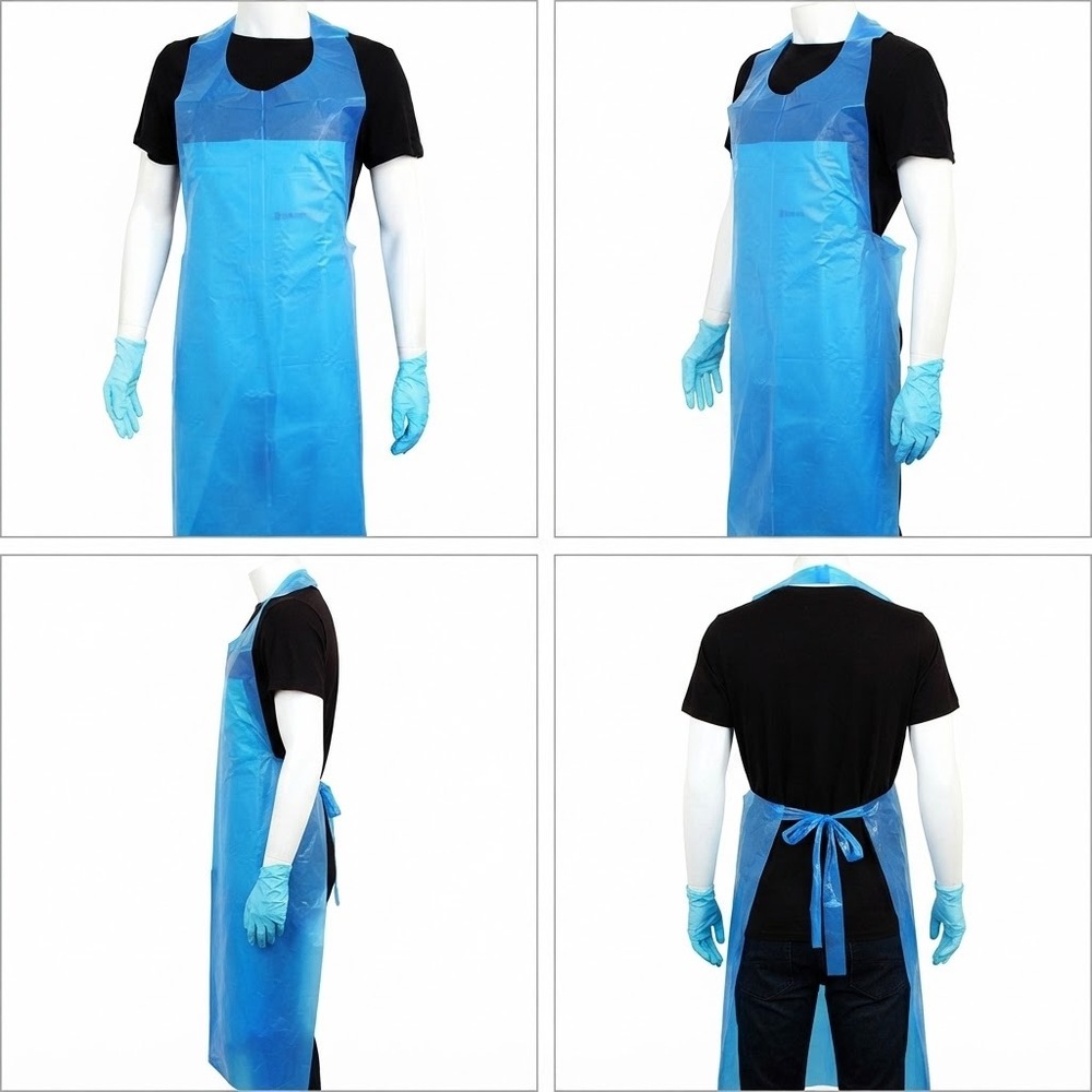 Disposable Apron - Polyethylene 48x28 Inches Blue, Integrated Neck Hole, Tie-On Waist Straps, Tear Resistant