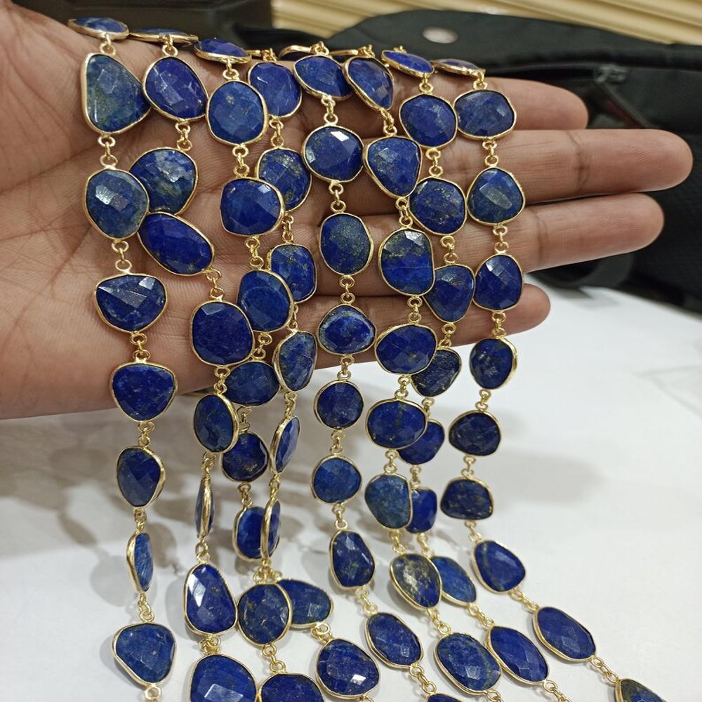 Natural Lapis Lazuli Uneven Free Shape Briolette Faceted Bezel Connector Chain 10 to 15mm