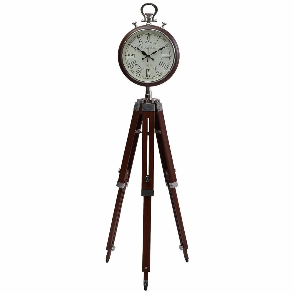 12 Inches Diameter Wooden Clock On 3 Leg Brown Teak Wood Tripod