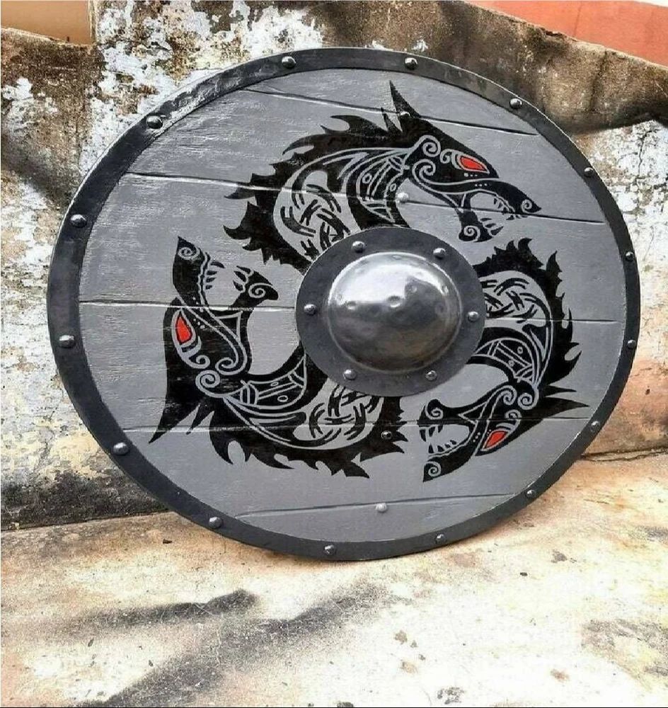 Wooden Viking Shield Dragon Face Round Shield