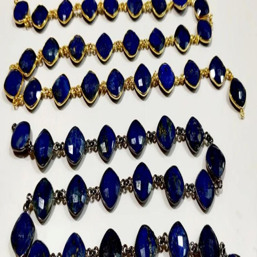 Lapis Lazuli Briolette Faceted Cushion Shape Size 12 to 13mm Bezel Connector Link Chain Sold Per Foot