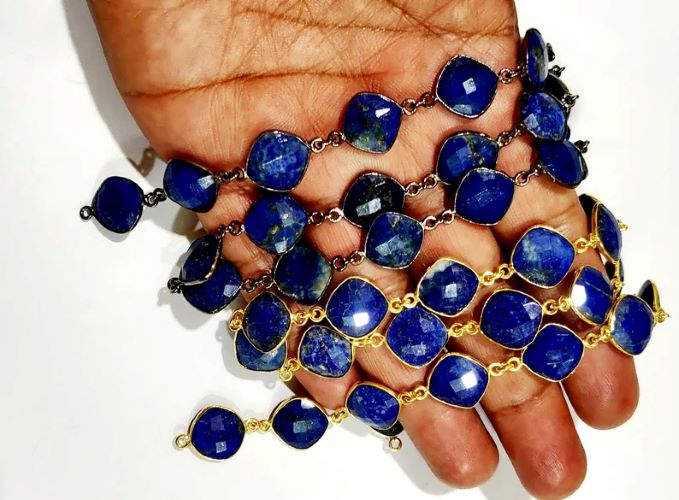 Lapis Lazuli Briolette Faceted Cushion Shape Size 12 to 13mm Bezel Connector Link Chain Sold Per Foot