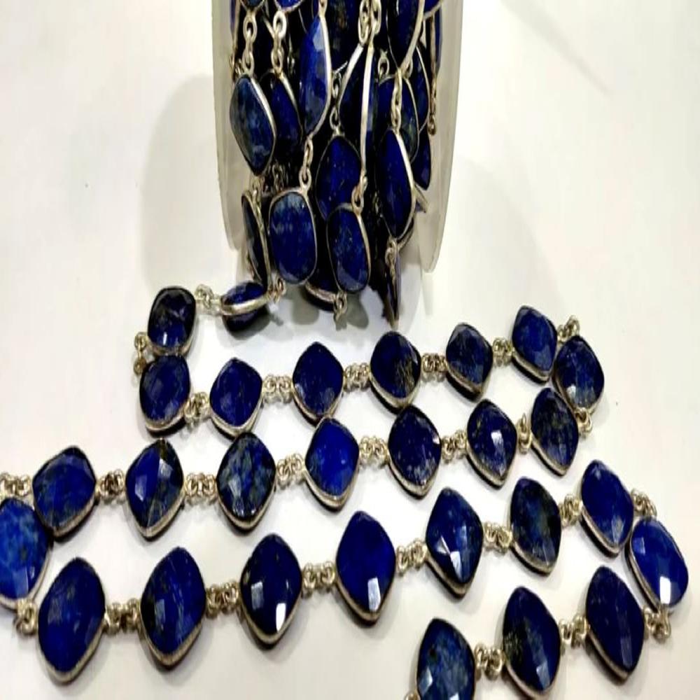 Lapis Lazuli Briolette Faceted Cushion Shape Size 12 to 13mm Bezel Connector Link Chain Sold Per Foot