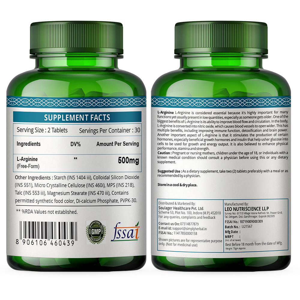 Simply Herbal L-arginine Tablets - 500 Mg Free-form Dosage, Supports Lean Muscle Gains & Nitric Oxide Production, Gluten-free & Non-gmo