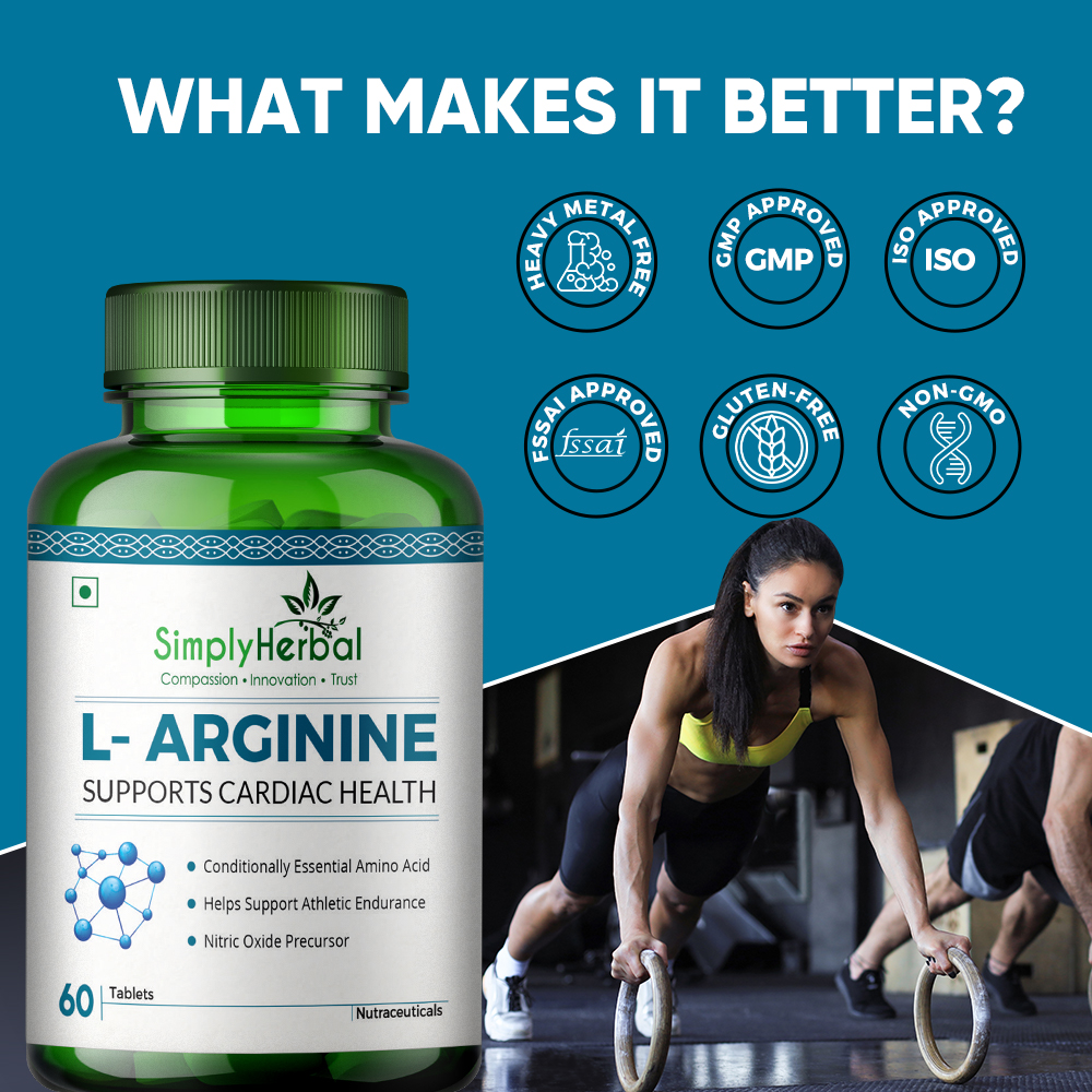 Simply Herbal L-arginine Tablets - 500 Mg Free-form Dosage, Supports Lean Muscle Gains & Nitric Oxide Production, Gluten-free & Non-gmo