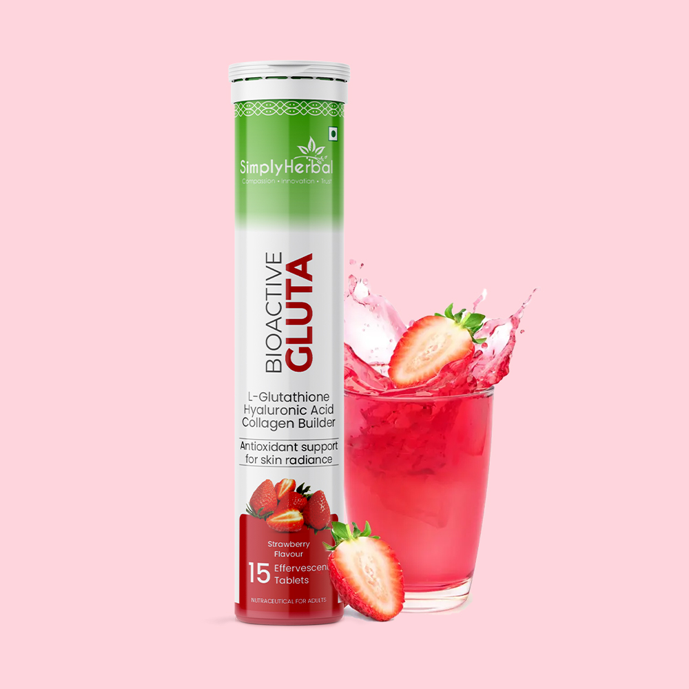 Simply Herbal Bioactive Gluta, Strawberry Flavoured Effervescent Tablets with L-Glutathione, Hyaluronic Acid and Collagen Builder, 15 Tablets