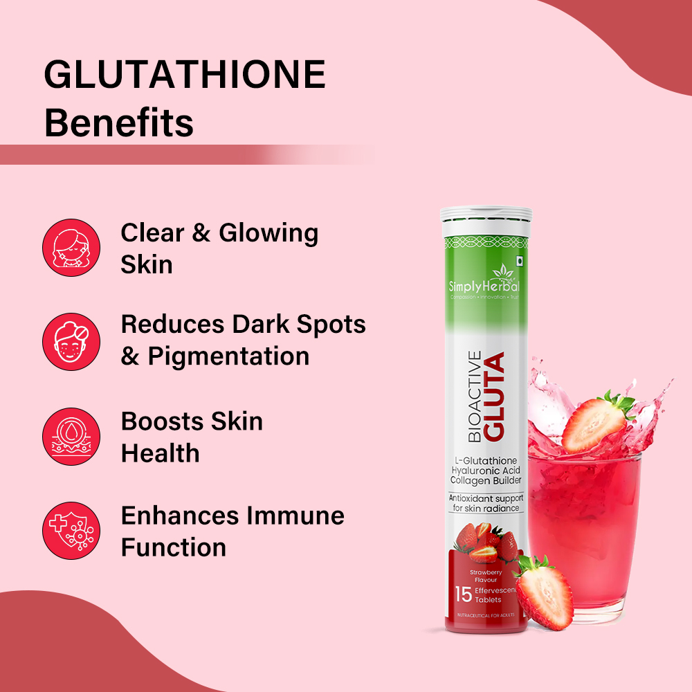 Simply Herbal Bioactive Gluta, Strawberry Flavoured Effervescent Tablets with L-Glutathione, Hyaluronic Acid and Collagen Builder, 15 Tablets