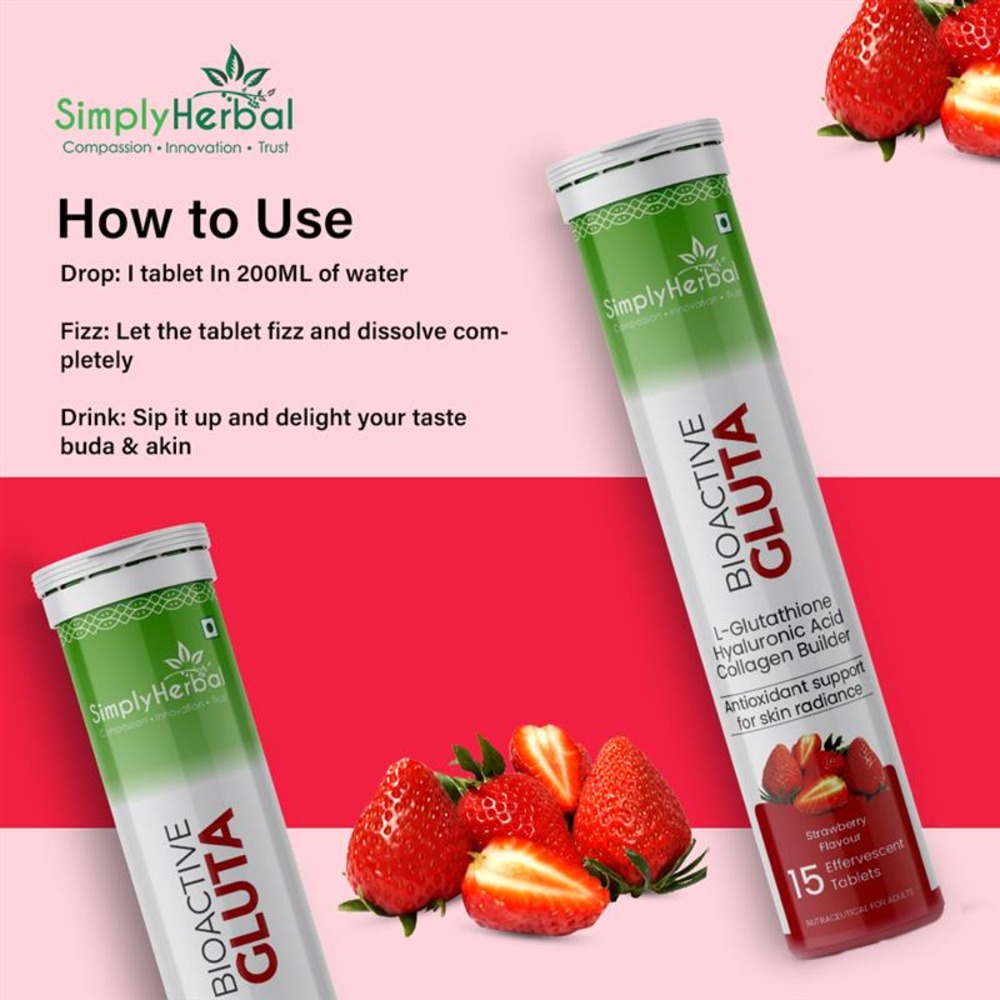 Simply Herbal Bioactive Gluta, Strawberry Flavoured Effervescent Tablets  With L-glutathione, Hyaluronic Acid And Collagen Builder, 15 Tablets at  498.75 INR in Indore