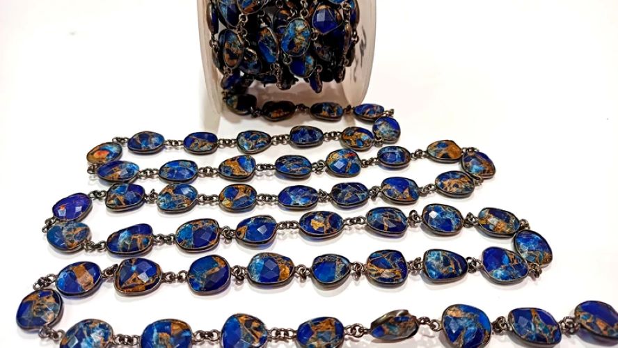 Natural Lapis Lazuli Copper Turquoise 12to15mm Free Shape Bezel Connector Chain Sold Per foot