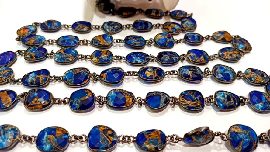 Natural Lapis Lazuli Copper Turquoise 12to15mm Free Shape Bezel Connector Chain Sold Per foot