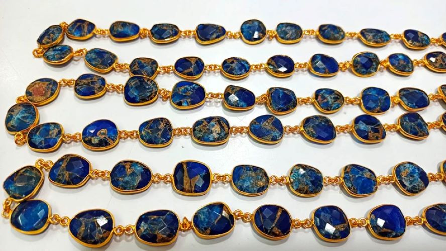 Natural Lapis Lazuli Copper Turquoise 12to15mm Free Shape Bezel Connector Chain Sold Per foot