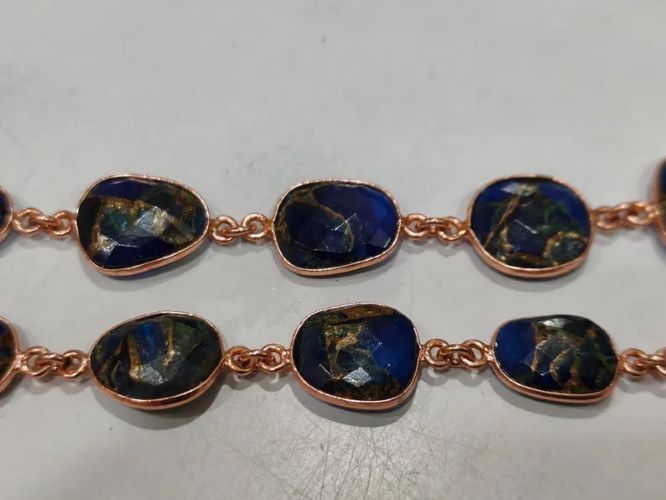 Natural Lapis Lazuli Copper Turquoise 12to15mm Free Shape Bezel Connector Chain Sold Per foot