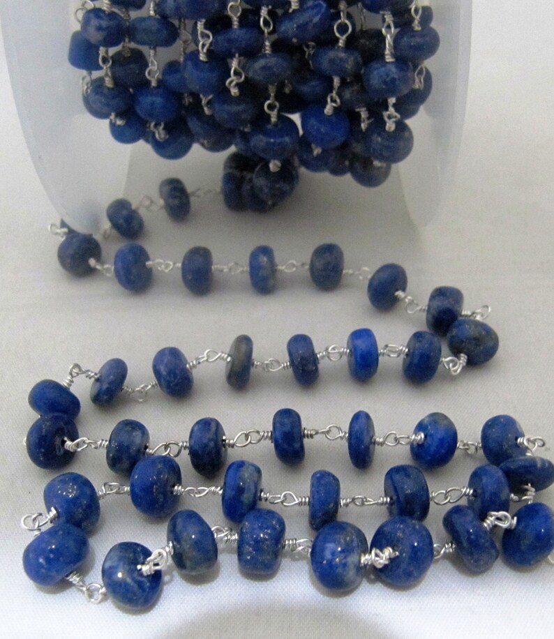 Natural lazuli Lapis Rosary Chain Smooth Beads 6 to 8mm Rondelle Wire Wrap Beaded Chain