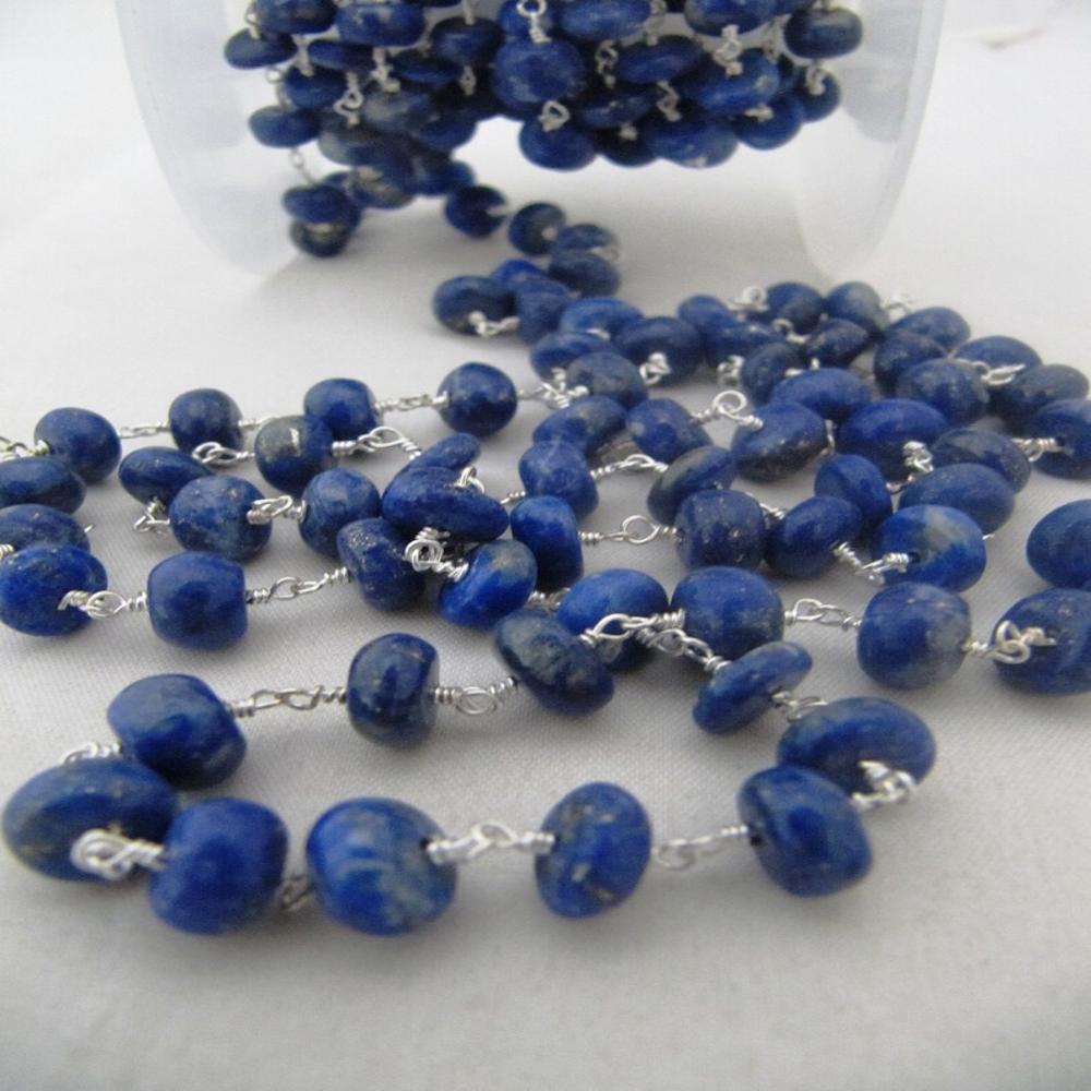 Natural lazuli Lapis Rosary Chain Smooth Beads 6 to 8mm Rondelle Wire Wrap Beaded Chain