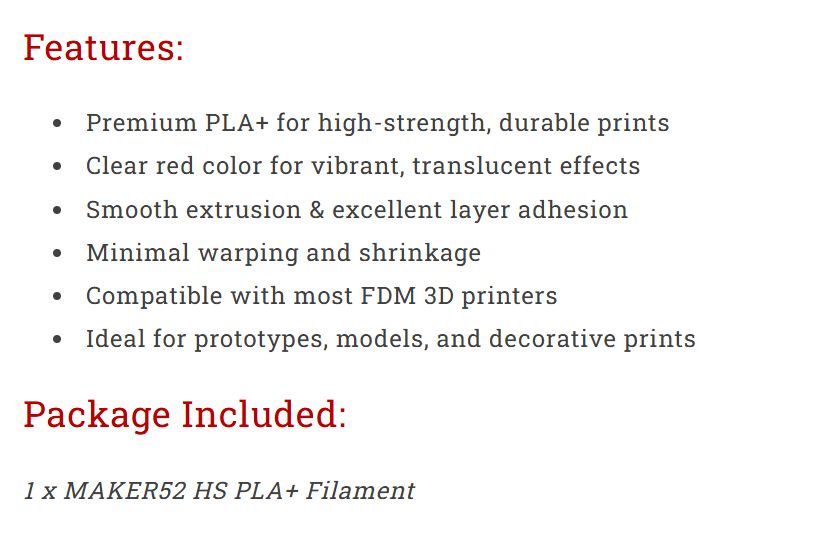 MAKER52 HS PLA+ Filament - 1.75mm High-Strength Premium 3D Printer Material - Clear Red