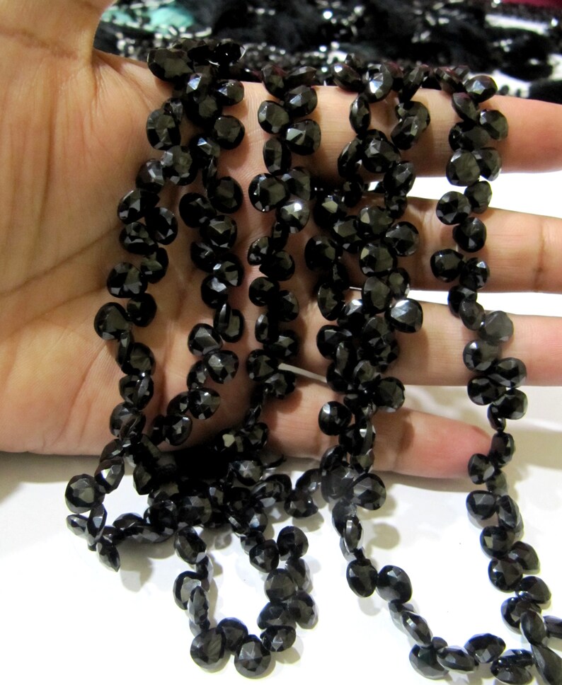 Natural Black Spinel heart Shape Briolette Faceted 8 to 10mm Gemstone beads 8 inches